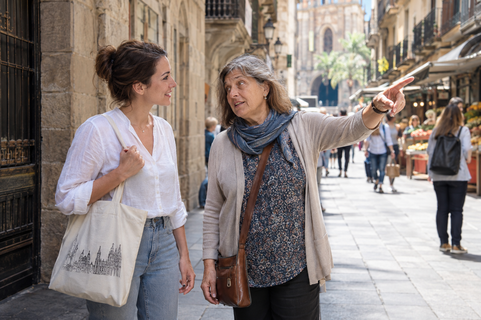 A traveller asks a local resident for directions in Barcelona.