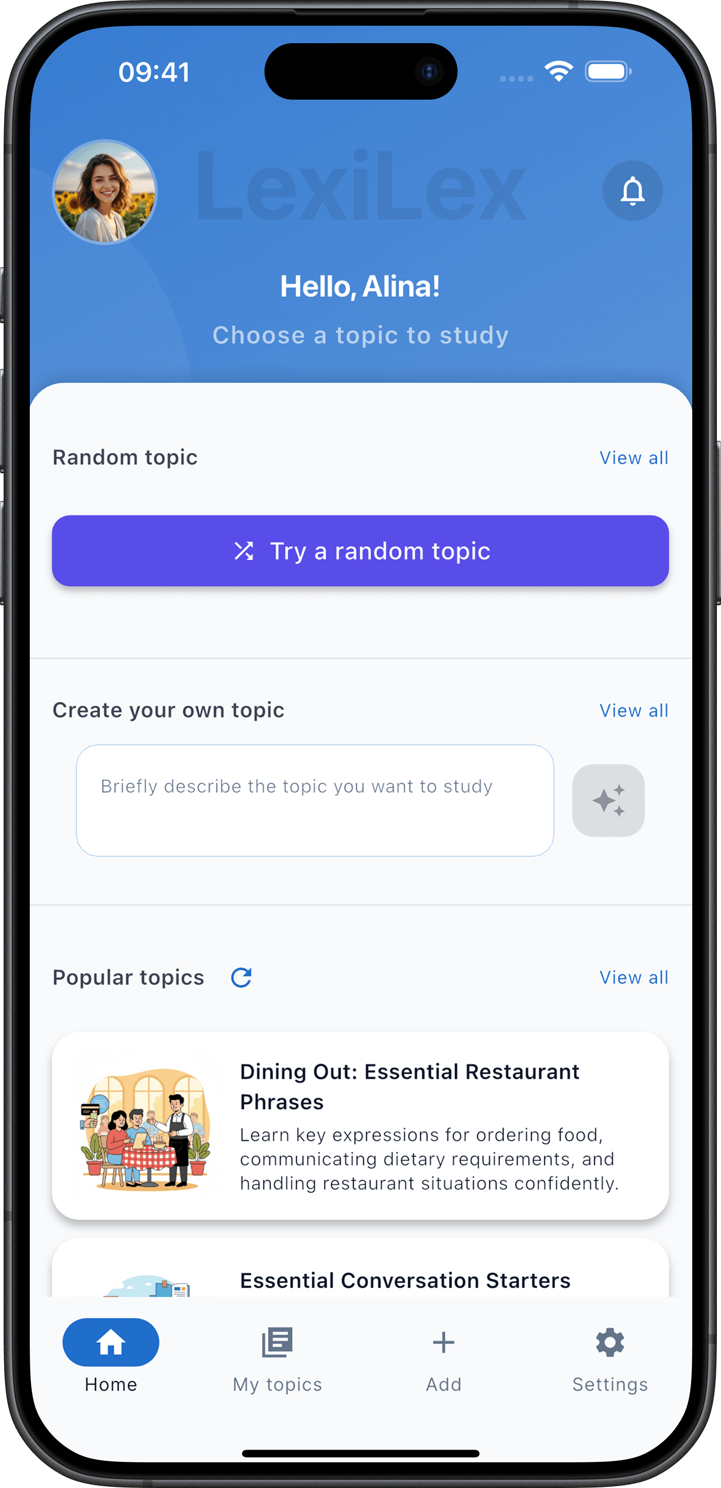 Quick access to various topic creation modes from the home section
