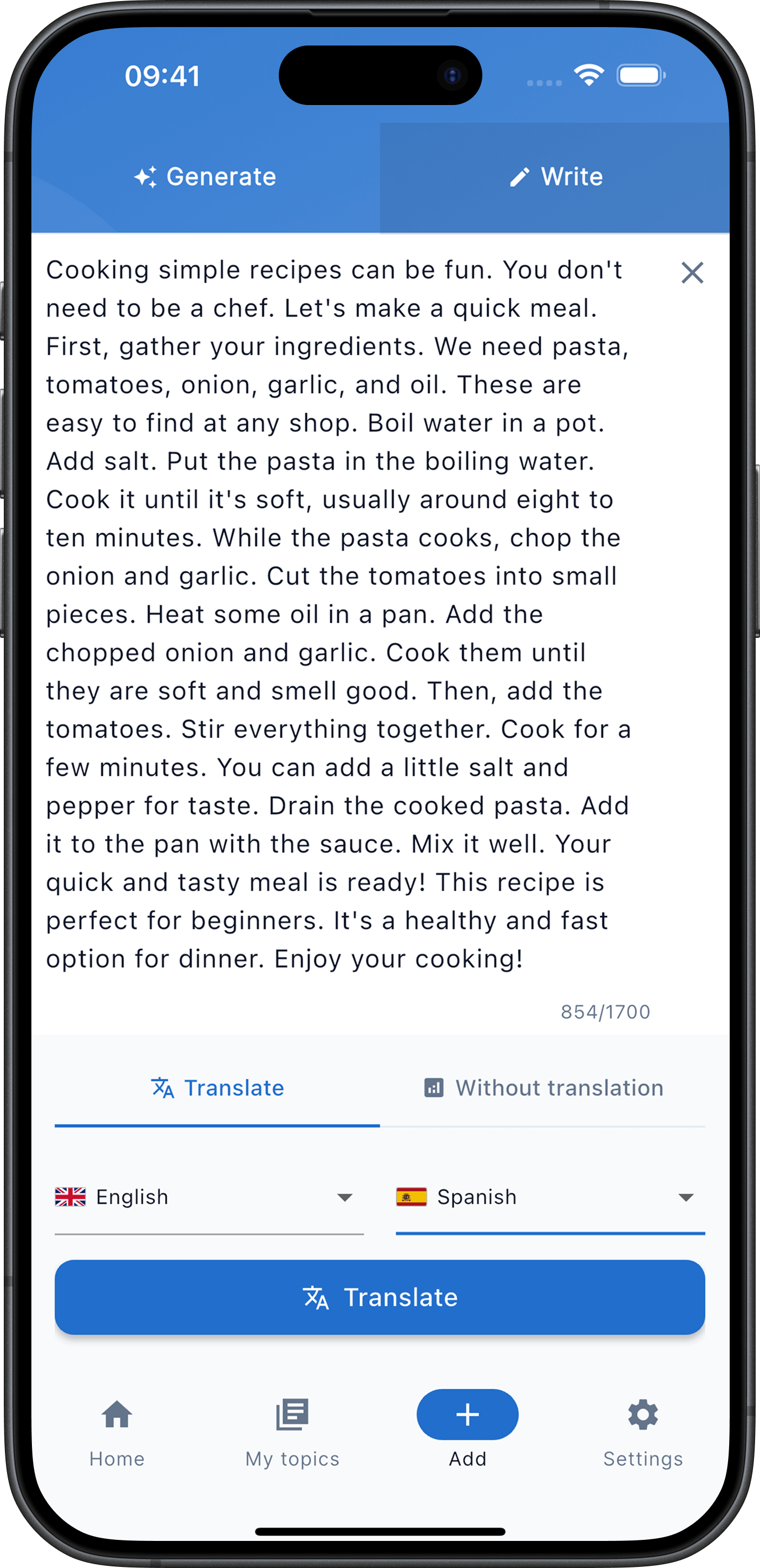 Study topics based on your own text, both with and without translation
